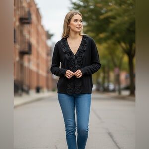 Women’s Black V-Neck Cardigan Sweater with Rosette Trim